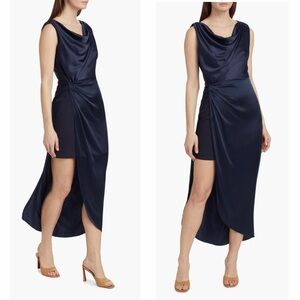 CINQ À SEPT Paige Cowl Neck Satin Asymmetrical Sleeveless Cocktail Dress Navy